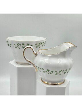 Royal Tara 2 Piece Set Green Shamrock Sprays Scalloped Creamer & Open Sugar Bowl